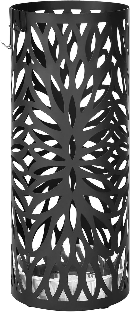 Umbrella Stand, Umbrella Holder for Entryway, Steel round Umbrella Rack Freestanding, for Canes Walking Sticks, with a Detachable Drip Tray, 2 Long and 2 Short Hooks, Matte Black ULUC022B01