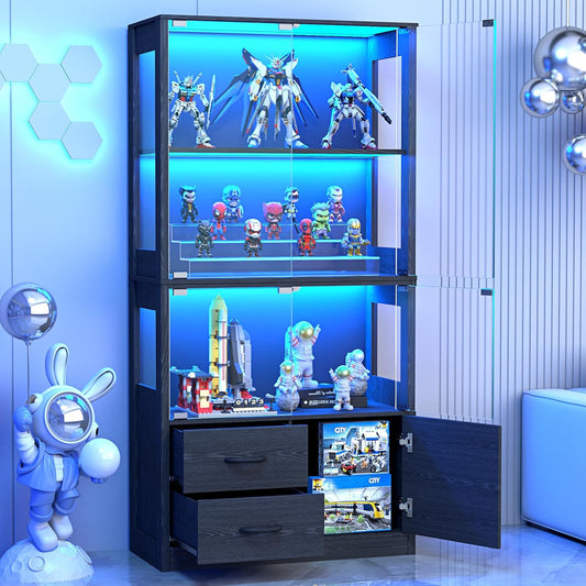 Display Cabinet with Glass Doors, 4-Tier Curio with 3-Color Lights & Human Body Sensor, Storage Cabinet with 3 Shelves & 2 Drawers for Living/Dining/Game Room, Black Oak