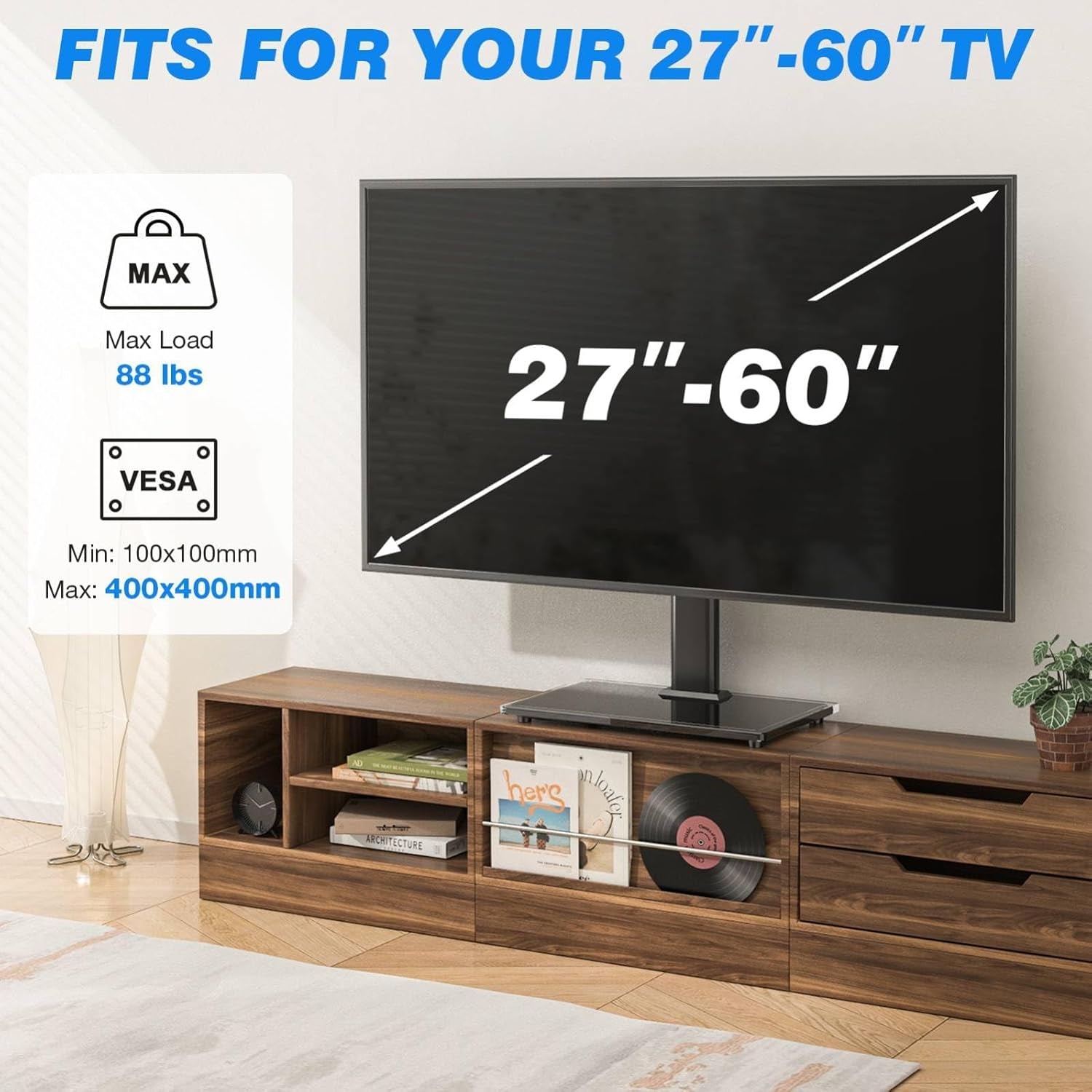 Universal Table Top TV Stand TV Base Replacement for Most 27-60 Inch LCD LED Flat Curved Screen Tvs Holds up to 88Lbs, Height Adjustable TV Mount Stand with Tempered Glass Base, VESA 400X400Mm