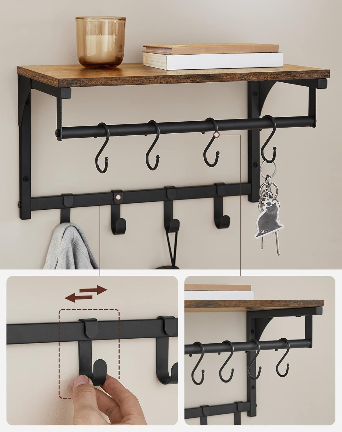 Laundry Room Shelf Wall Mounted, Coat Rack Shelf, with 8 Removable Hooks, for Entryway, Living Room, Kitchen, Bedroom, 15.7 X 9.4 X 9.4 Inches, Rustic Brown and Black ULCR103B01