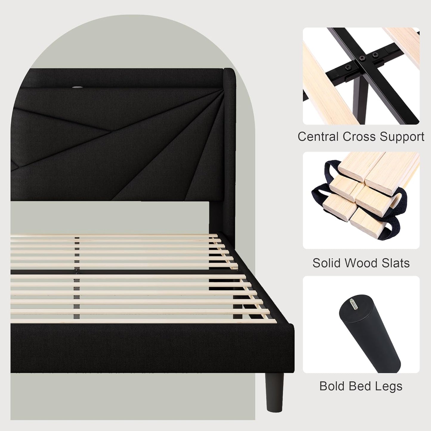 Queen Size Bed Frame with Charging Station, Linen Upholstered Platform Bed Frame with Wingback Storage Headboard, Solid Wood Slats Support, No Box Spring Needed, Noise Free, Black