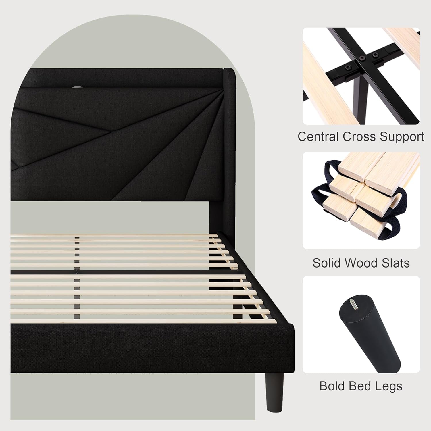 Queen Size Bed Frame with Charging Station, Linen Upholstered Platform Bed Frame with Wingback Storage Headboard, Solid Wood Slats Support, No Box Spring Needed, Noise Free, Black