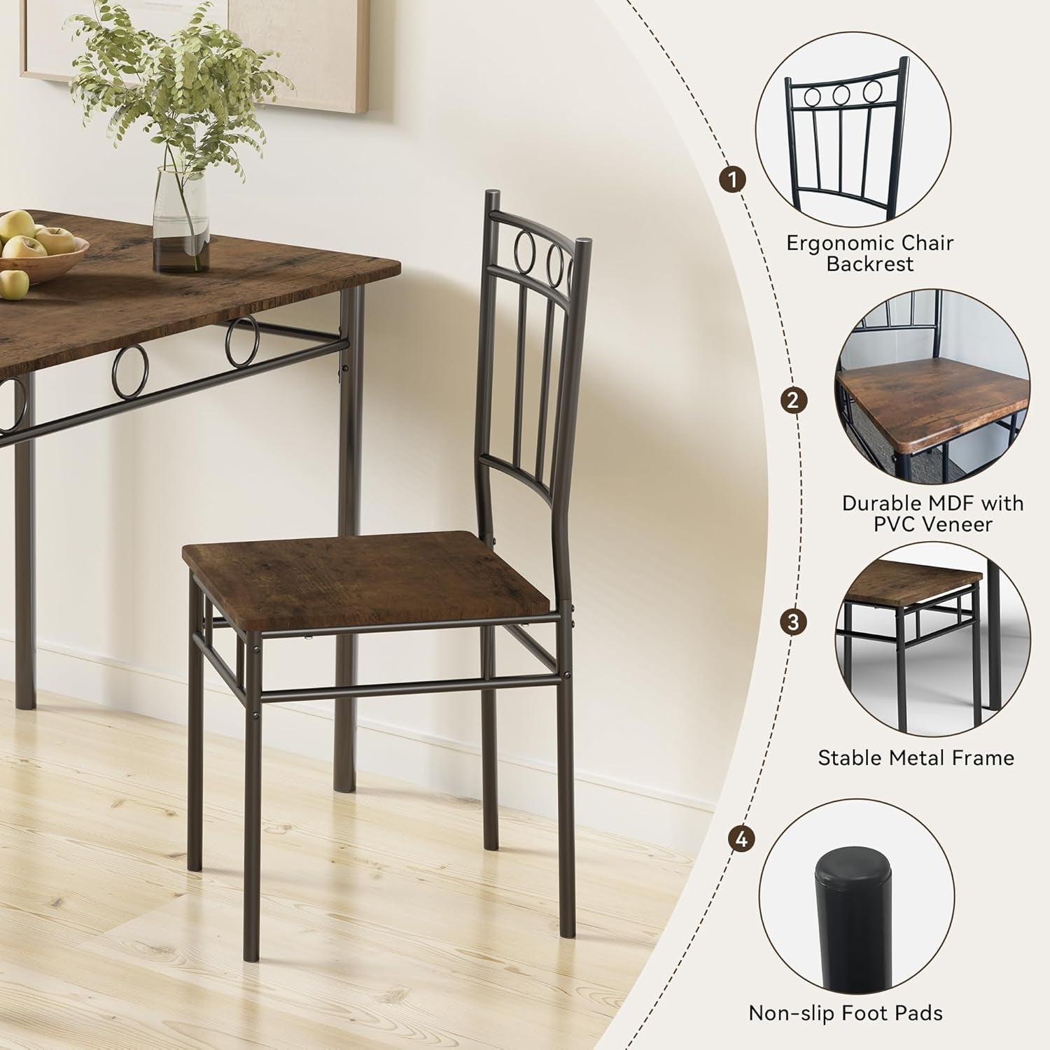 Dining Table Set for 4, 5-Piece Kitchen Table and Chairs, Rectangular Dining Room Table Set with 4 Chairs, Space-Saving Kitchen Table Set for Small Space,Dinette,Apartment,Retro Brown