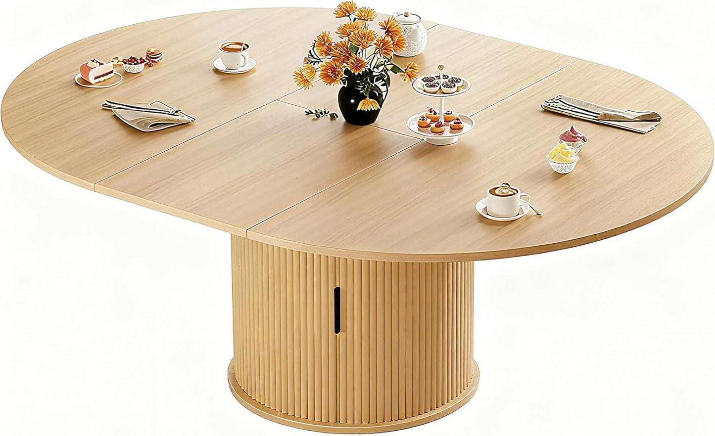 Extendable round Dining Table for 4-6-8, 59 Inch Dining Room Kitchen Table with 2-Tier Storage Shelf, Modern Farmhouse Fluted Wood Slide Door Dinner Furniture,Oval Circle,Oak