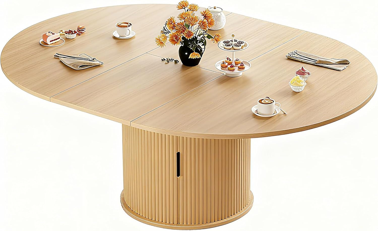 Extendable round Dining Table for 4-6-8, 59 Inch Dining Room Kitchen Table with 2-Tier Storage Shelf, Modern Farmhouse Fluted Wood Slide Door Dinner Furniture,Oval Circle,Oak