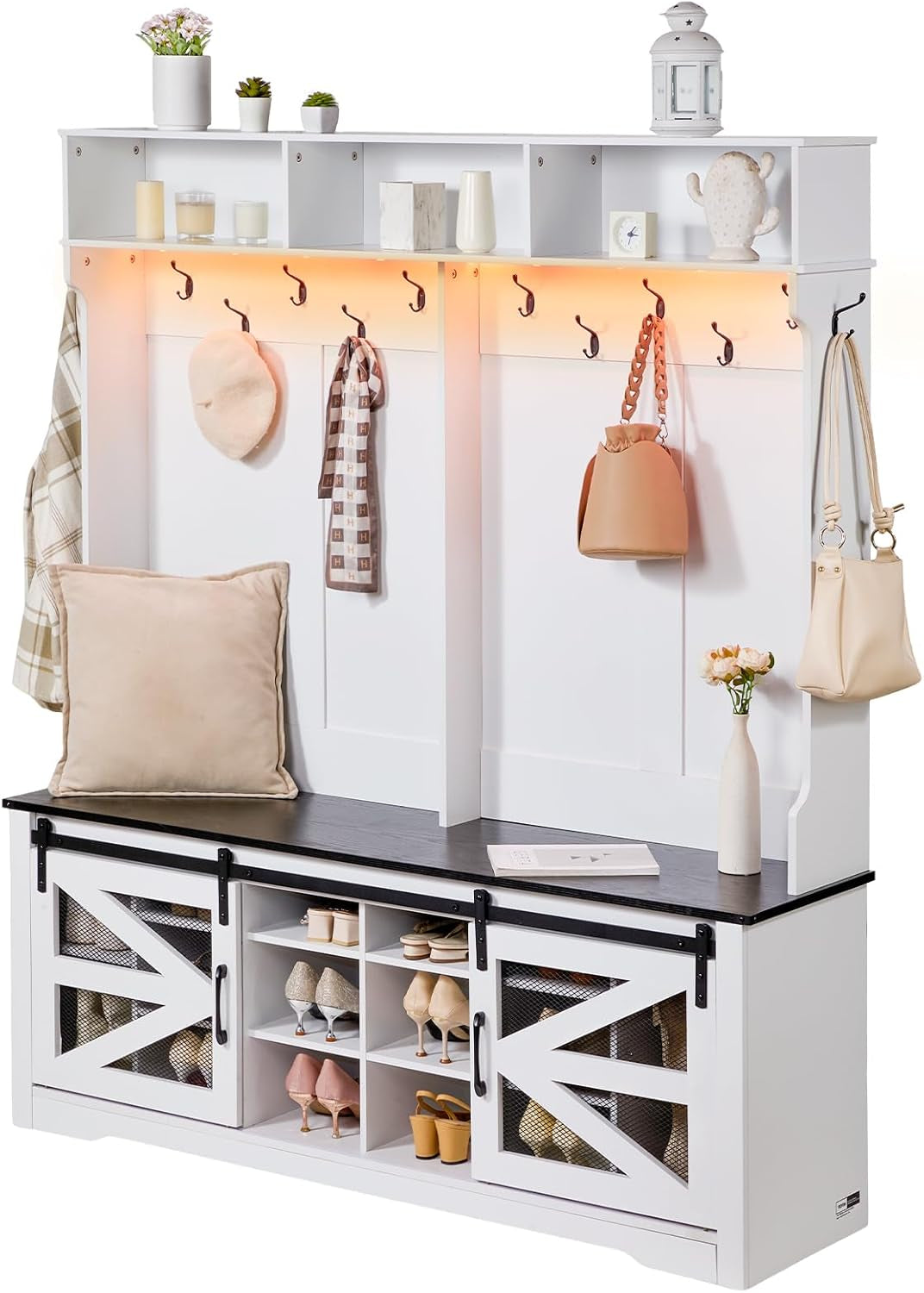 Hall Tree Entryway Bench, LED Coat Rack with Shoe Storage, 59" Wide Mudroom Bench with Storage and Seating, Adjustable Shelves and 12 Hanging Hooks, for Mudroom, Entryway, Hallway