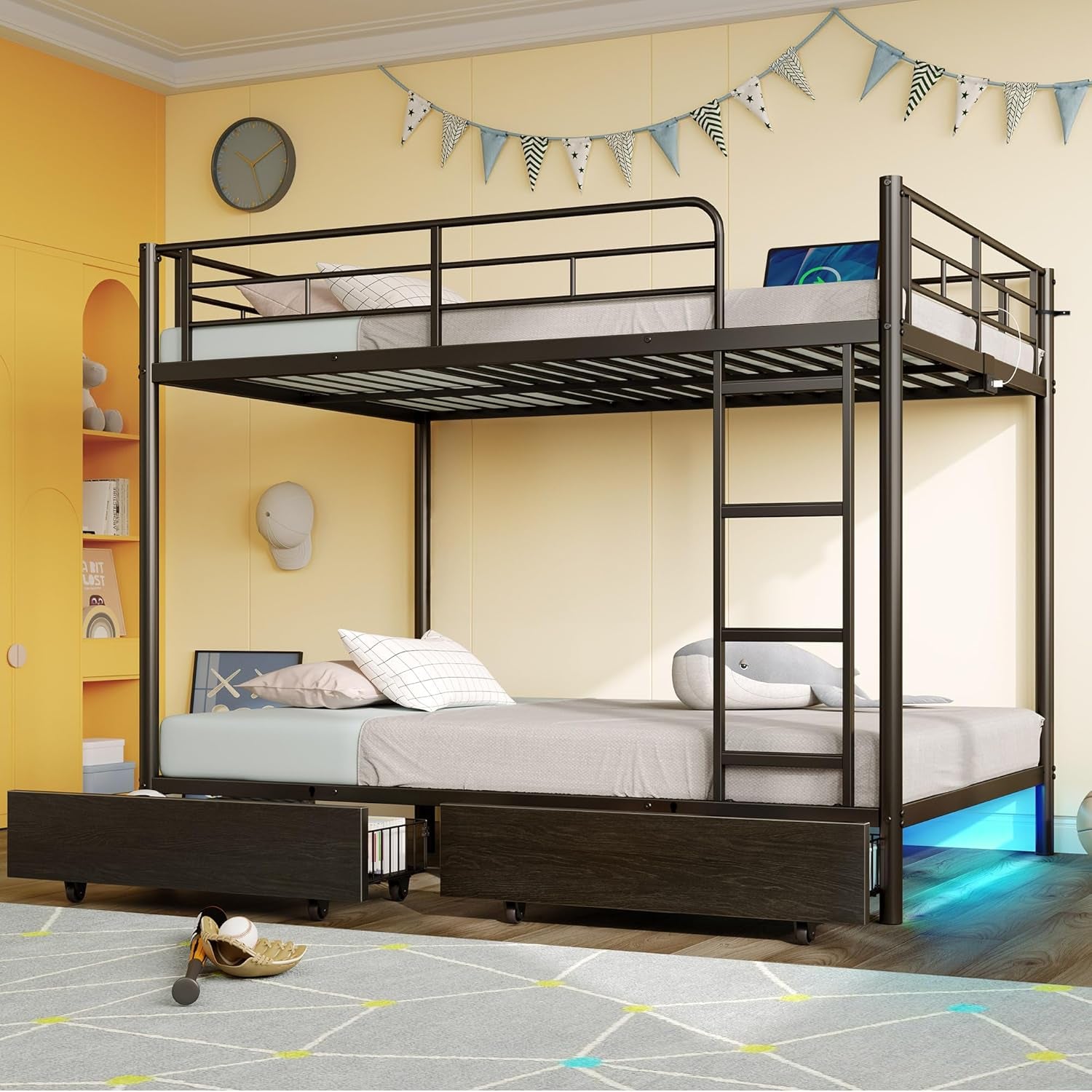 Metal Bunk Bed Full over Full with USB Charging Station, LED Bunk Bed with 2 Storage Drawers, Bed with Safety Guardrail & Ladders, No Box Spring Needed, Easy Assembly, Black