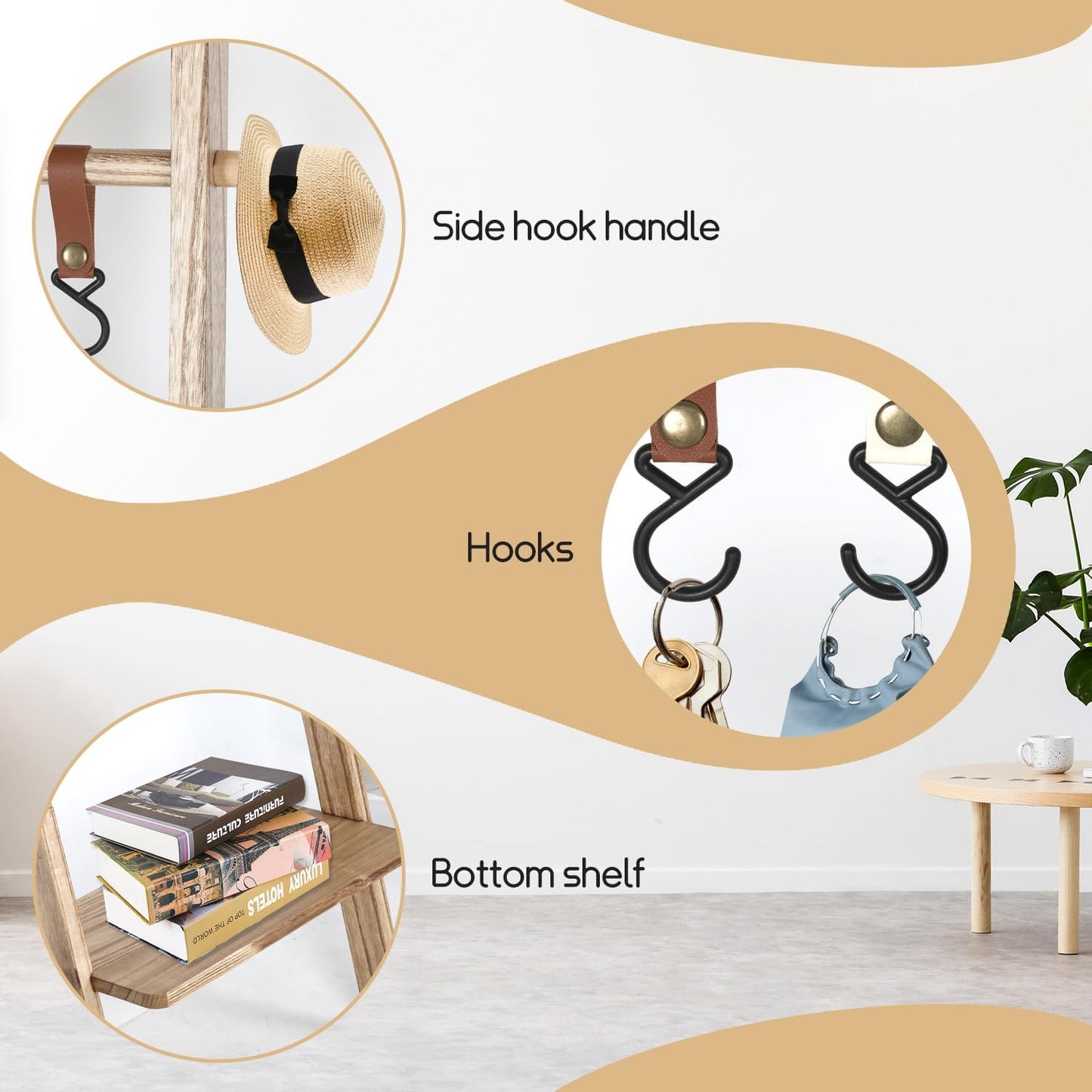 Wooden Ladder with Shelf for Room Decor, 6-Tier Decor Ladder with Non-Slip Mat & Hooks, Farmhouse Style Leaning Wall Display Holder