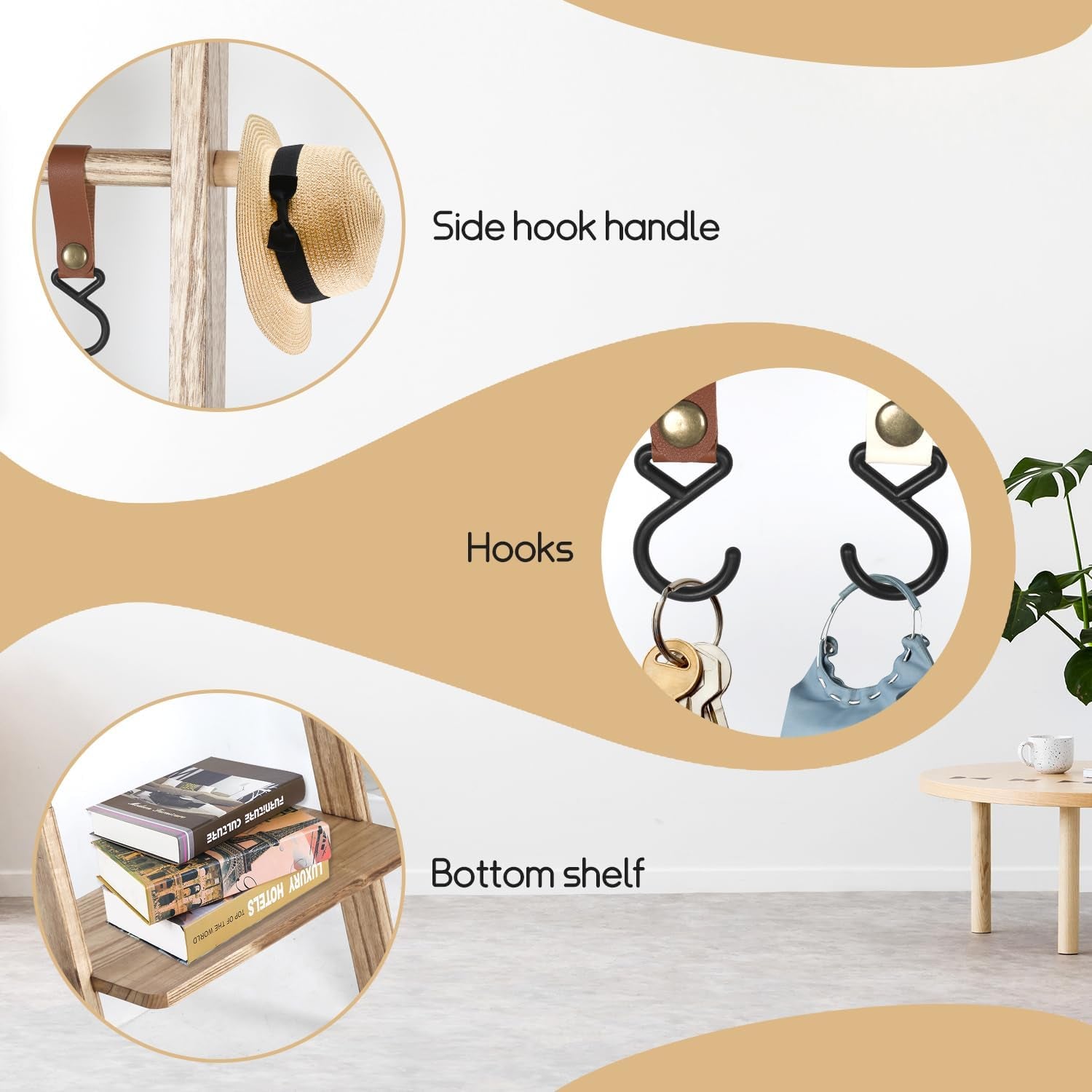 Wooden Ladder with Shelf for Room Decor, 6-Tier Decor Ladder with Non-Slip Mat & Hooks, Farmhouse Style Leaning Wall Display Holder