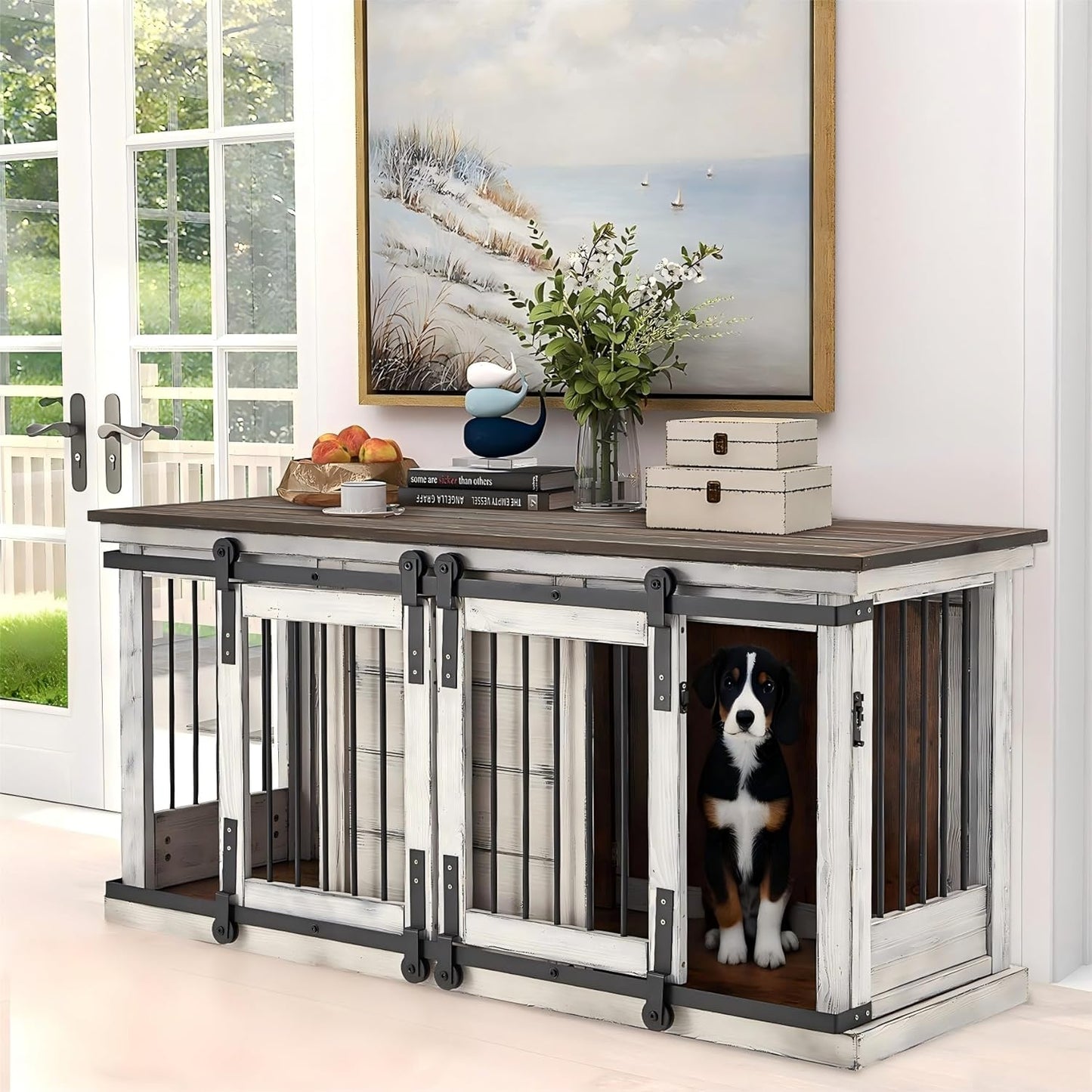 62.5'' Large Dog Crate Furniture, Solid Wood Furniture Style Dog Crate with Removable Divider, Bite Resistant Dog Kennel Indoor, Dog Cage with Sliding Barn Door Design（White）