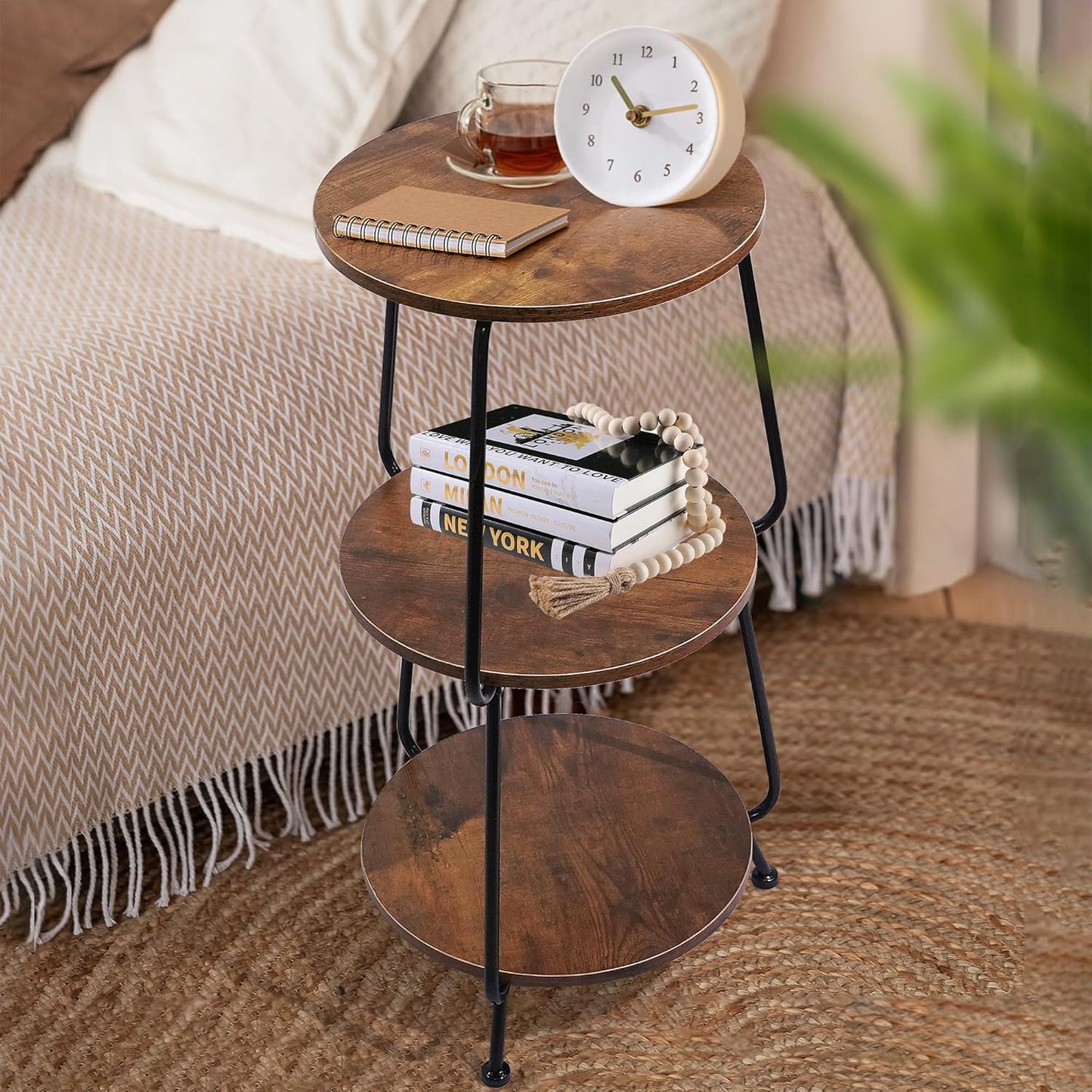 Small Side Table, 3 Tier round End Table Slim Accent Table Industrial Vintage Nightstand, Metal Frame and Rustic Wood Coffee Table for Small Spaces, Bedroom, Living Room (Brown)