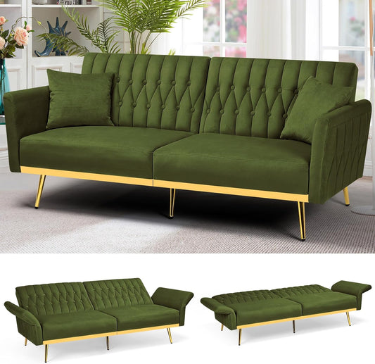 70” Velvet Futon Sofa Bed W/Adjustable Armrests & 2 Pillows, Convertible Futon Couch W/Adjustable Backrests, Modern Sleeper Bed for Living Room, Bedroom, Olive Green
