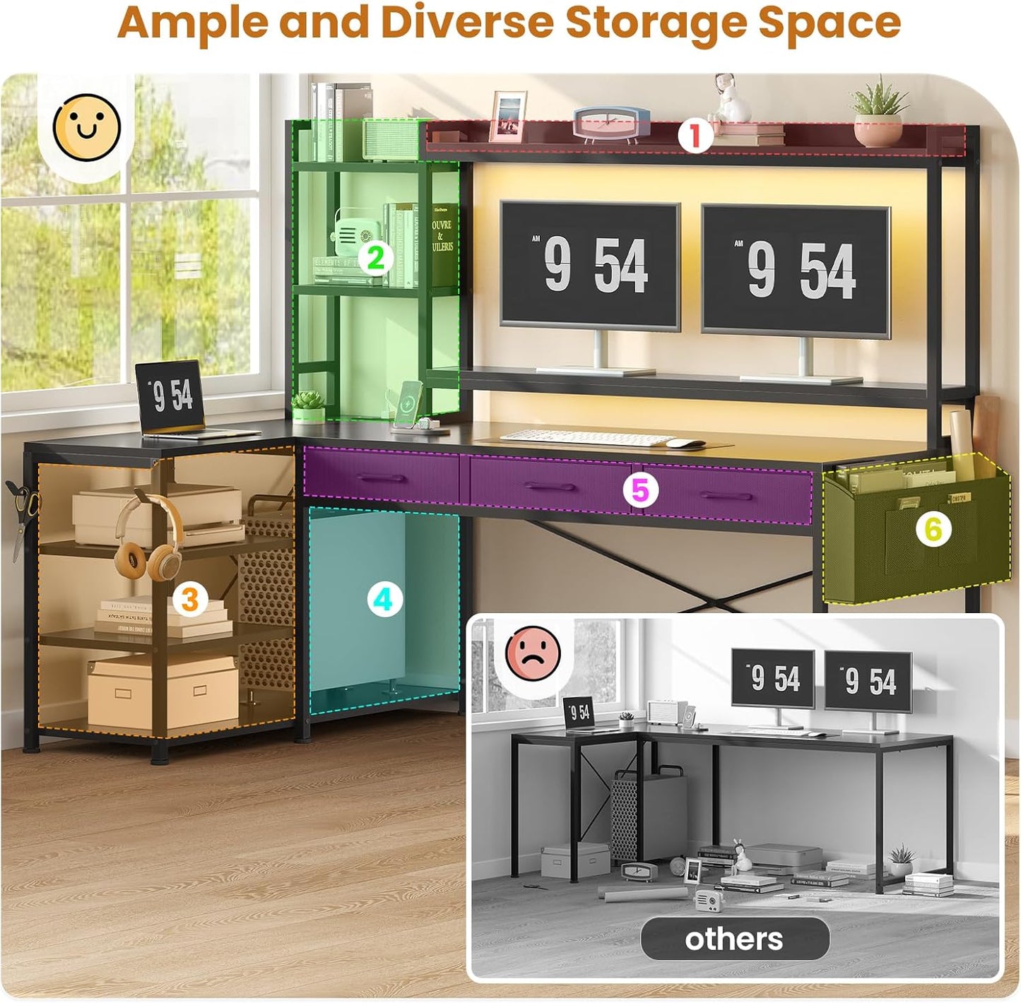 55" L Shaped Gaming Desk, Gaming Desk with Hutch & Drawers, Corner Computer Desk with Shelves and Storage, Reversible L Shaped Desk with LED Lights, Power Outlets, Monitor Stand, Black