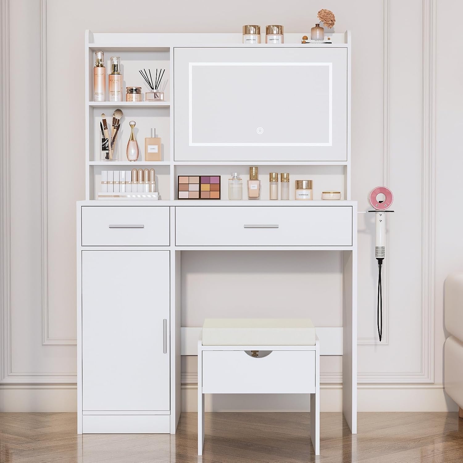 Vanity Desk with Mirror and Lights, with Hidden Shelves,4 Compartments,2 Drawers,Cabinet & Stool,Dimmable LED Lights,Power Outlets, Ideal for Bedroom Vanity Organization(White)
