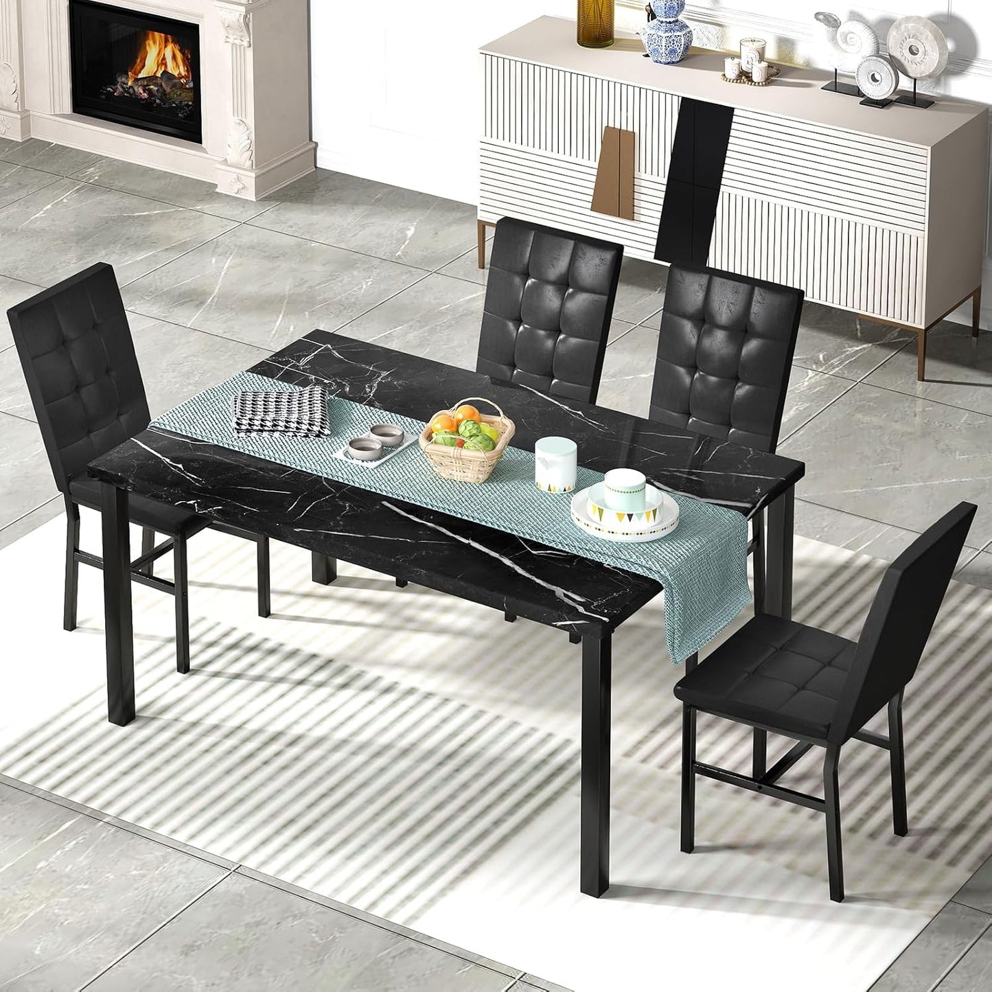 Kitchen Table Set 5 Piece Dining Room Table Set Marble Dining Table 4 Chair Dining Table Set for Kitchen Living Room Breakfast Small Spaces (Black)