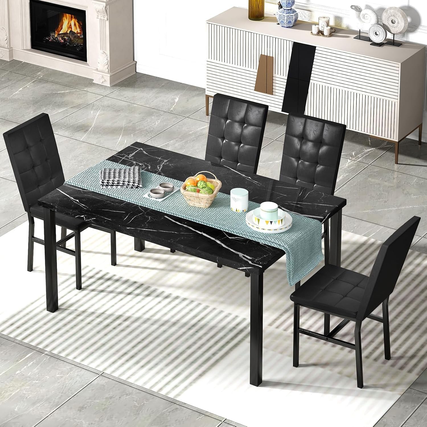 Kitchen Table Set 5 Piece Dining Room Table Set Marble Dining Table 4 Chair Dining Table Set for Kitchen Living Room Breakfast Small Spaces (Black)