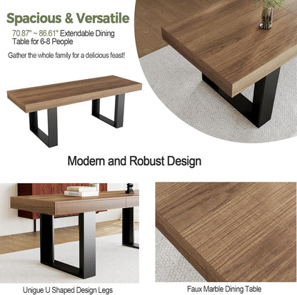 Farmhouse Rustic Extendable Dining Room Table for 8 10, 70.9" (86.6") X 31.5", Rectangular Dinner Table for 6-10, Mid Century Modern Expandable Retractable Wooden Kitchen Table (Brown)