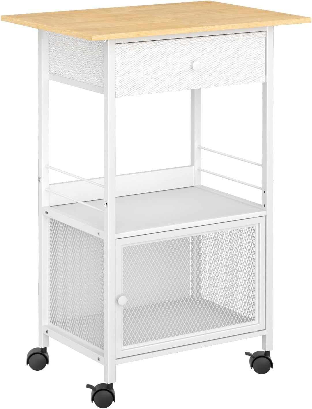 4 Tier Kitchen Island with Cabinet, Microwave Cart with Storage, Small Rolling Kitchen Cart with Drawer, Coffee Bar Station on Wheels for Living Room, White