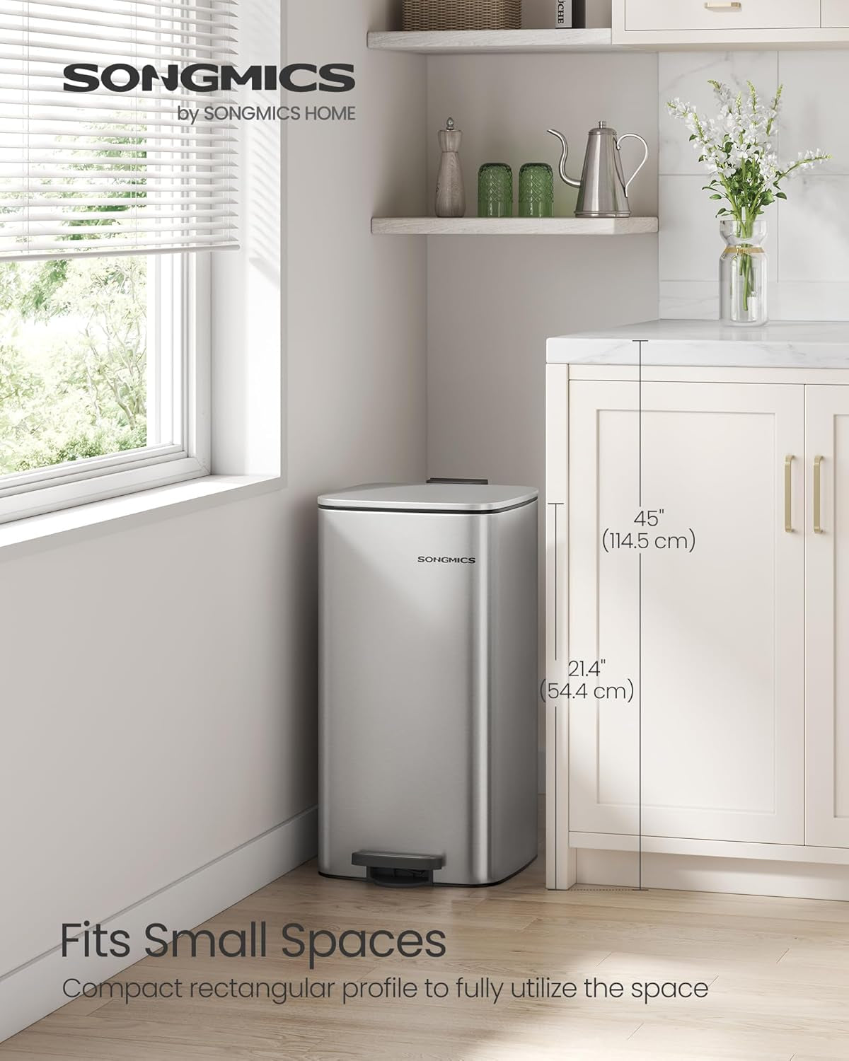 Kitchen Trash Can, 8-Gallon (30 L) Trash Bin, Stainless Steel Garbage Can, with Inner Bucket, Soft Close and Stays Open, Metallic Silver ULTB593E01