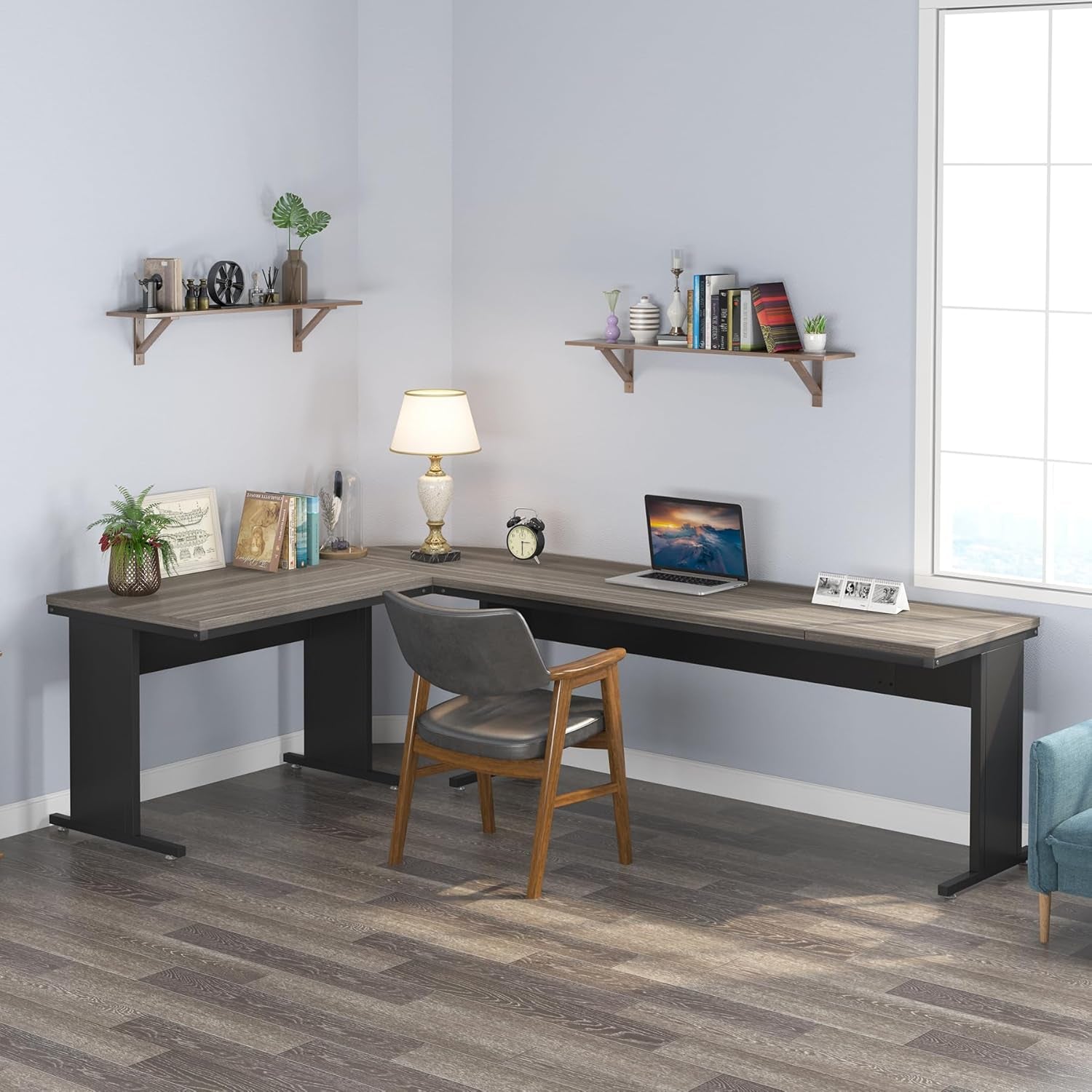 83-Inch Large L Shaped Desk, Reversible Executive Office Desk, Modern Corner Computer Table Business Workstation for Home Office (Grey)