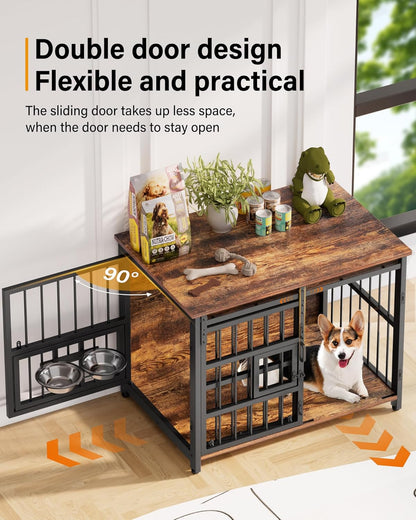 Dog Crate Furniture with Sliding Barn Door, 44"/39"/32" Decorative Dog Kennel Indoor with 2 Doors, Escape-Proof Multi-Lock Crates for Medium Dogs Indoor, Chewproof Wooden End Table, 360° Feed Rack