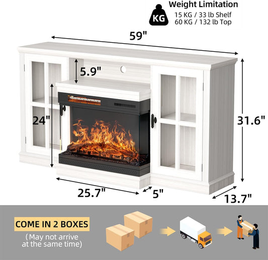 Glass Fireplace TV Stand for Tvs up to 65 Inch, Media Entertainment Center with Storage, White Wash