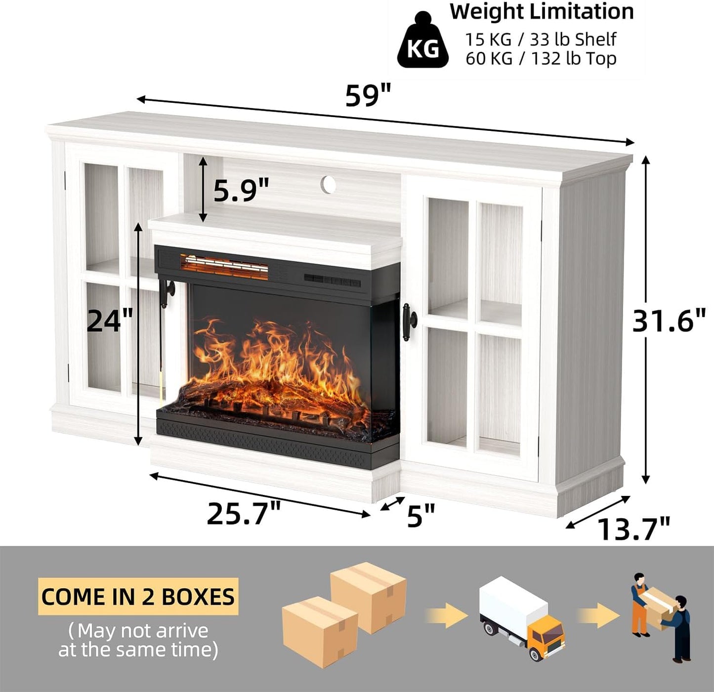 Glass Fireplace TV Stand for Tvs up to 65 Inch, Media Entertainment Center with Storage, White Wash