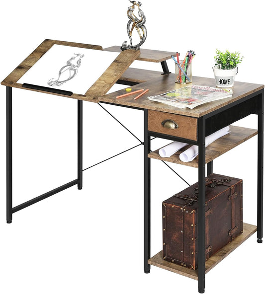 Drafting Table with Storage Shelves & Drawer, 43" Adjustable Art Desk with Monitor Stand for Home Office Computer, Tiltable Draft Drawing Table for Artist, Study, Writing Workstation