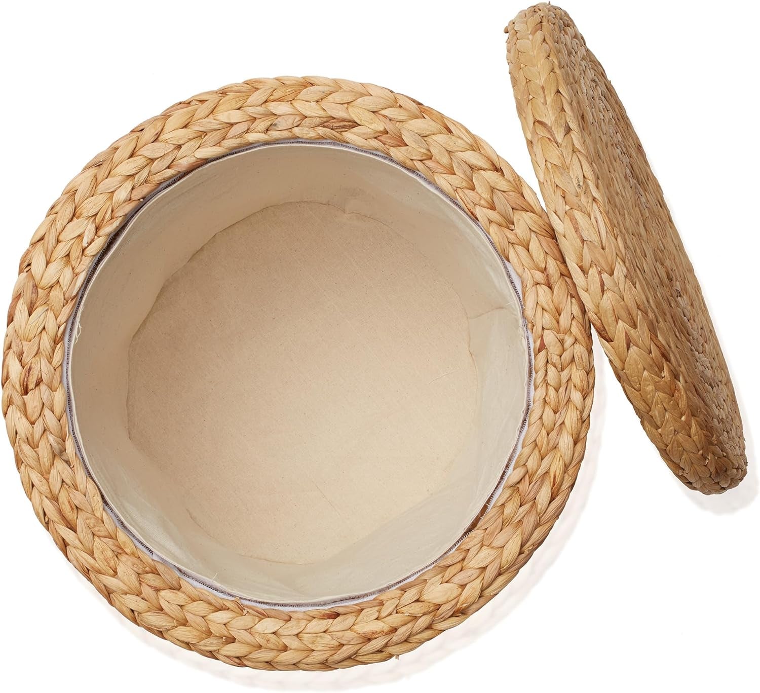 17" round Storage Ottoman with Lid - Natural, Handwoven Water Hyacinth Footstool for Living Room, Bedroom, Bathroom, Home Office