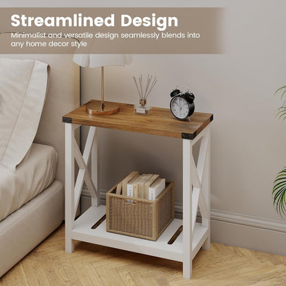 Farmhouse Side Table with Storage Shelf, Narrow Bedside Table for Small Space, Slim End Table, Rustic X-Design Nightstand for Living Room, Bedroom, White & Brown
