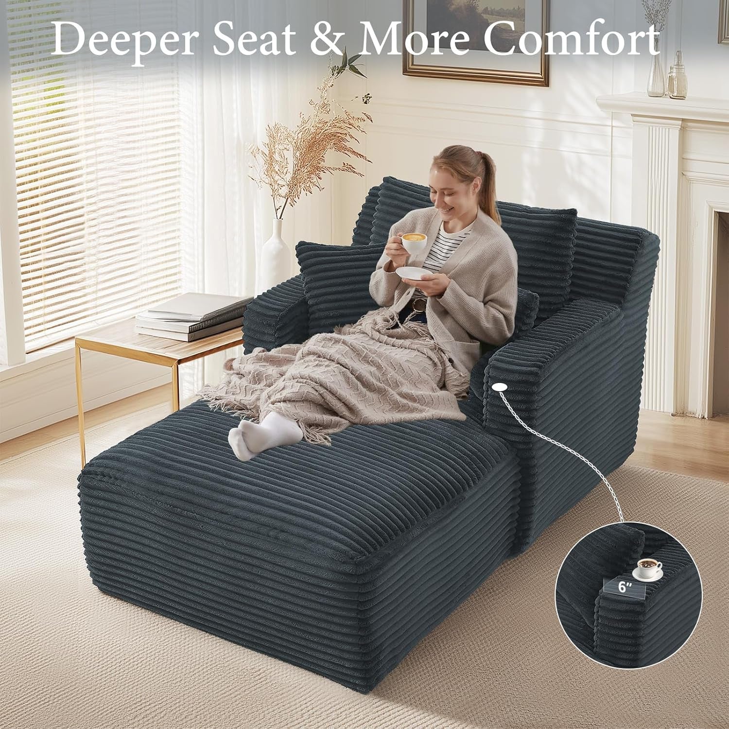 65.4" Chaise Lounge Chair Indoor, Oversized Boneless Couch Comfy Upholstered Sleeper Sofa Bed with 3 Pillows, Corduroy Cloud Reading Chair for Living Room No Assembly Required, Pink