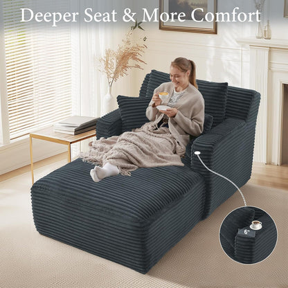 66" Chaise Lounge Chair Indoor, Oversized Boneless Couch Comfy Upholstered Sleeper Sofa Bed with 3 Pillows, Corduroy Cloud Reading Chair for Living Room No Assembly Required, Pink