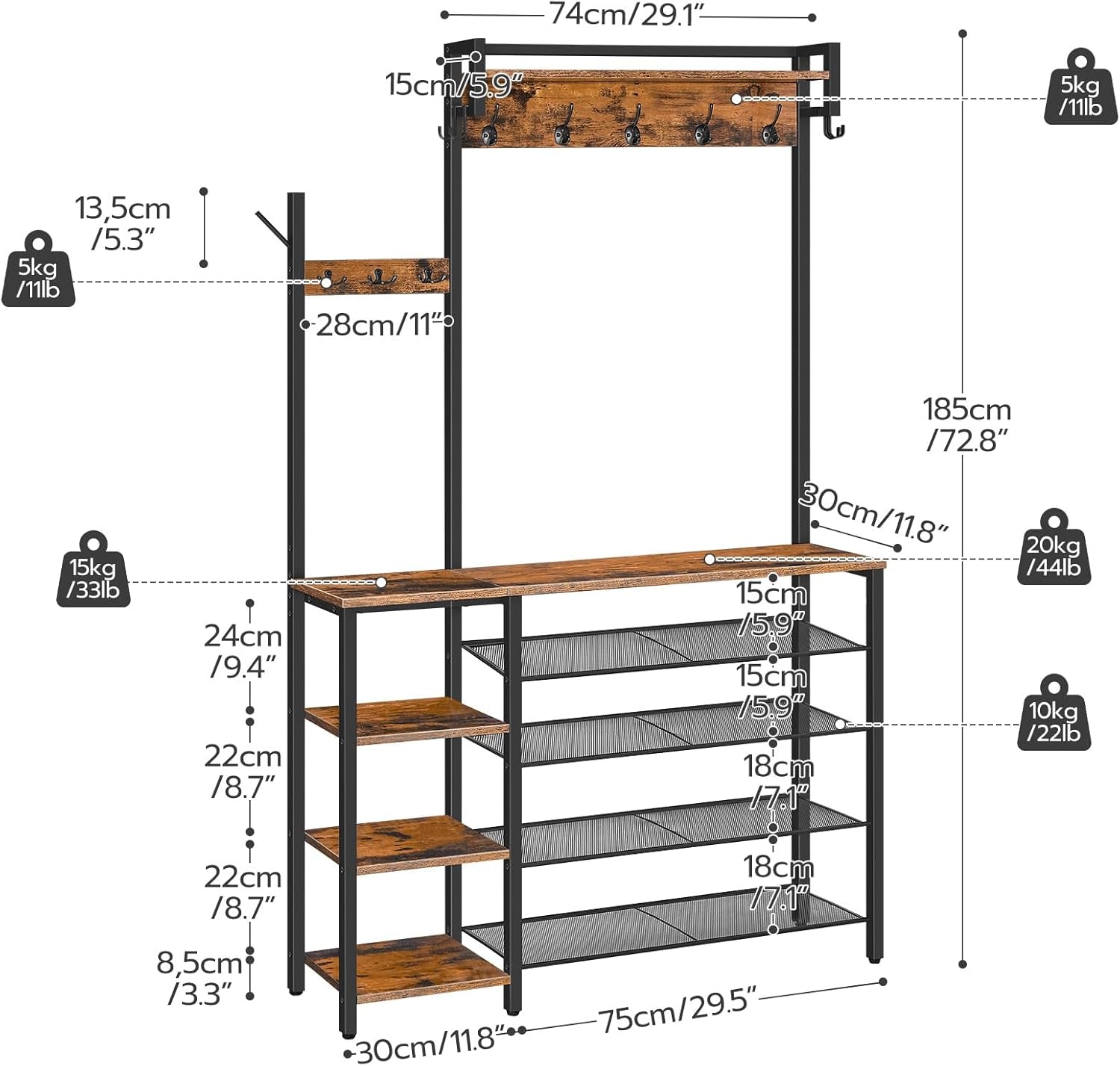 Hall Tree with Bench, Entryway Bench with Coat Rack, Shoe and Coat Rack for Entryway, Coat Rack with Shoe Storage and Reversible Storage Shelves, Rustic Brown BF105MT01