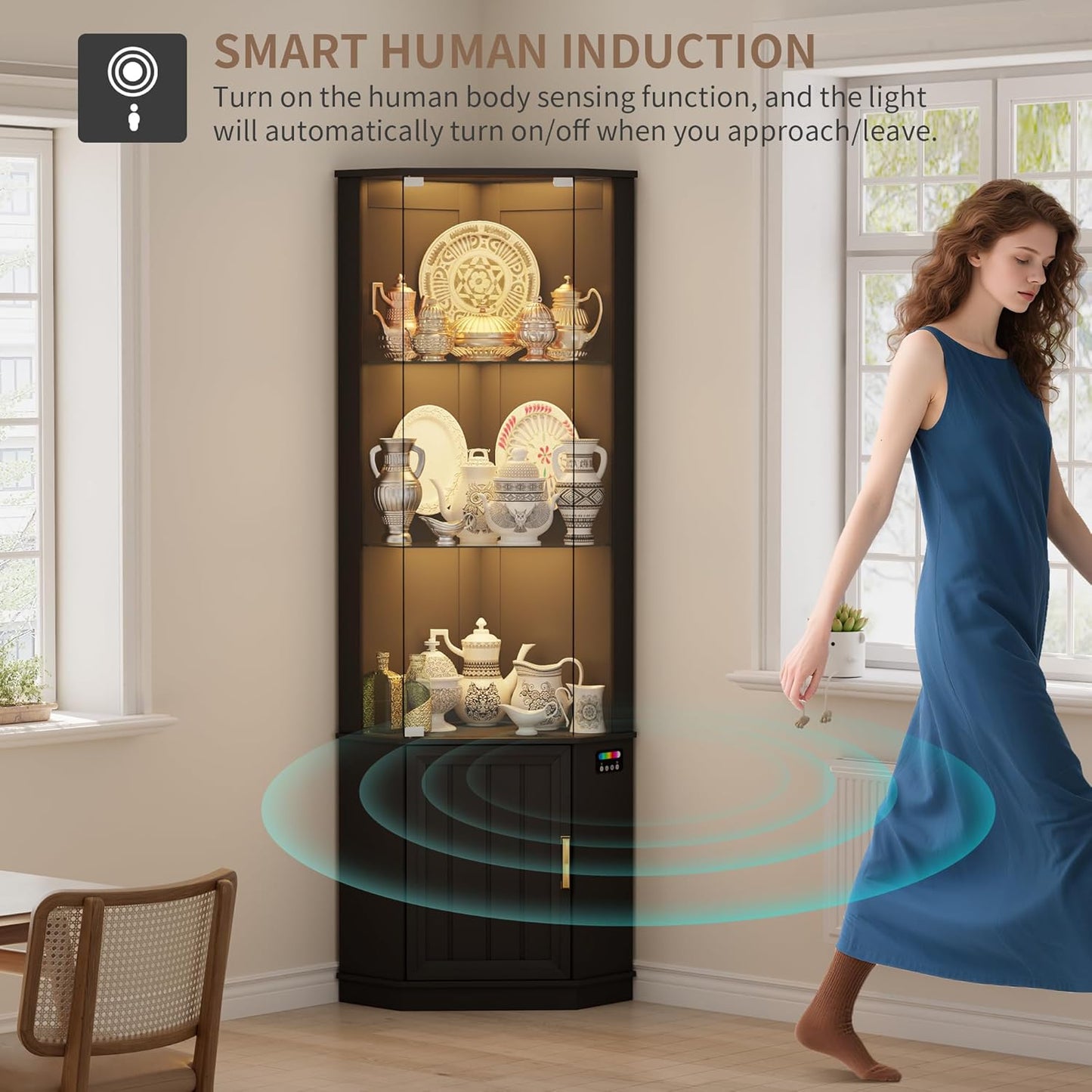69" Corner Glass Display Cabinet with RGB Lights,3-Tier Movable Glass Shelves,Curio Display with Human Body Sensor,Bookcase with Storage Cabinet for Toys,Books,Collectibles,Liquor,Black