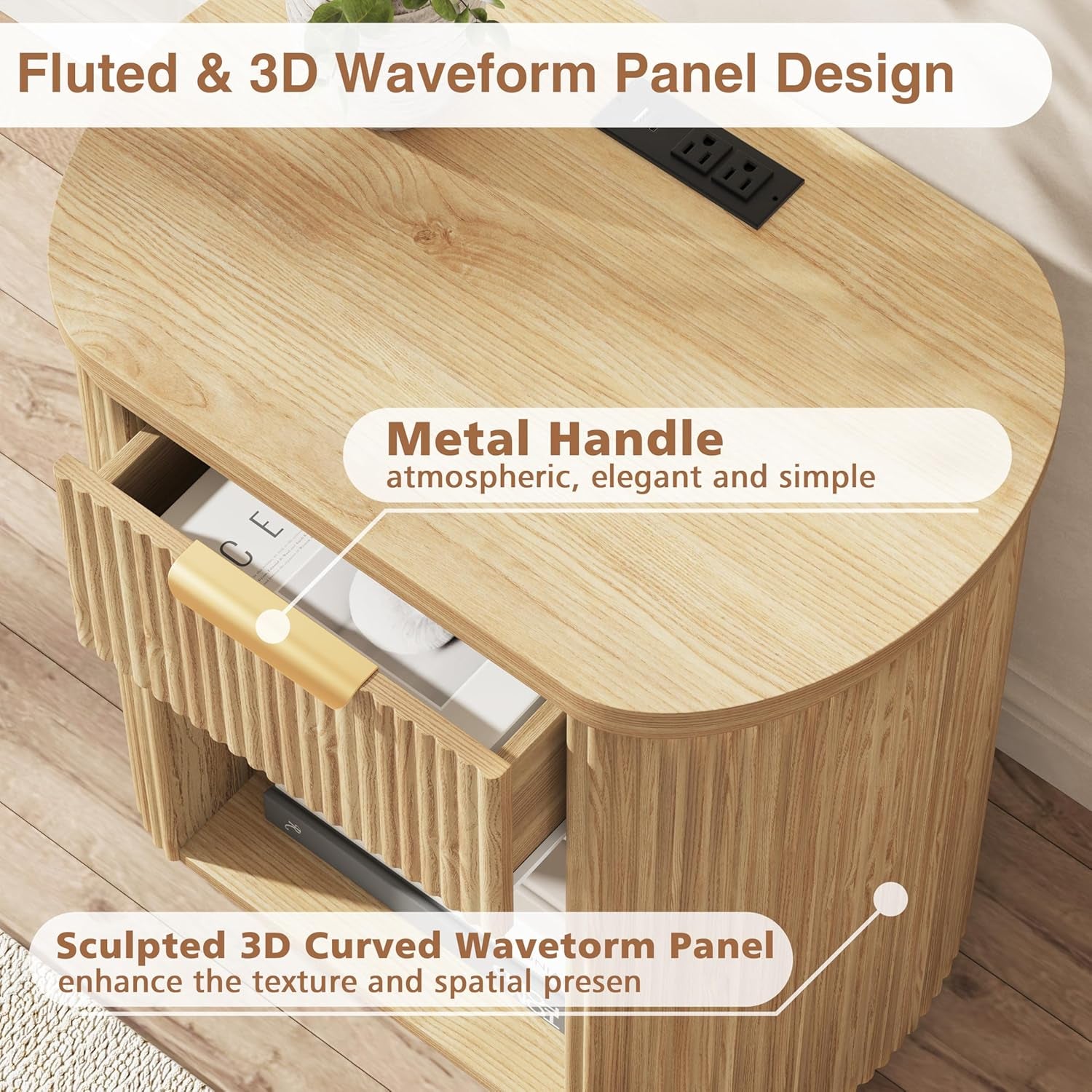 Fluted Nightstand with Charging Station, 23.6" Large Bedside Side Table with Drawer, Wood End Table with Storage, Curved round Corner, Furniture Bedroom Sofa, Mid Century Modern, Farmhouse Boho,Oak