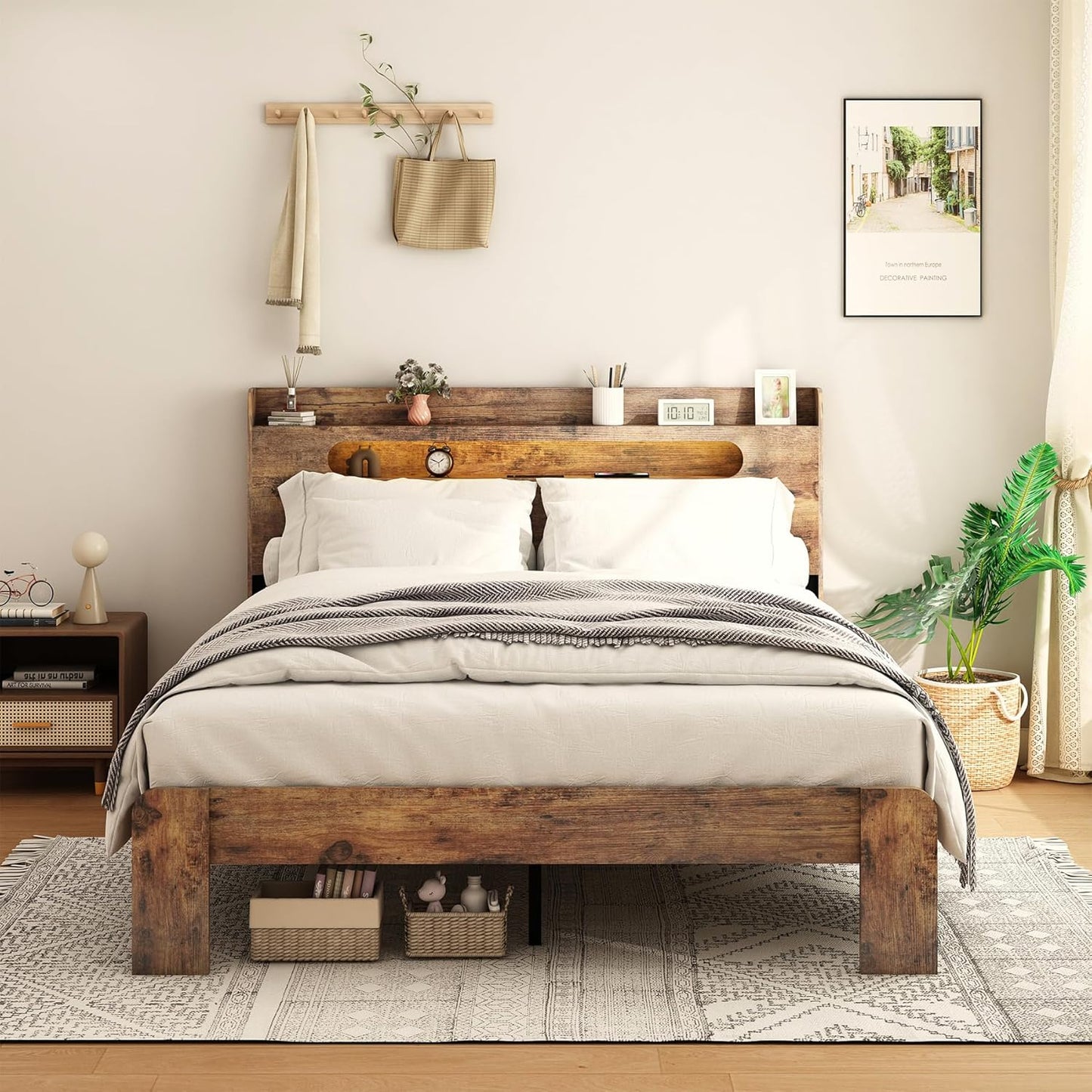 Wooden Queen Size Bed Frame with Storage Headboard, Rustic Farmhouse Platform Bed Frame Queen with Charging Station & LED Lights, 12 Wood Slats Support, No Box Spring Needed,Dark Brown