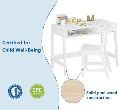Kids Desk and Chair Set, Study Desk for Kids with Drawers, Wooden Children Table Set, Student Writing Desk Computer Workstation for Bedroom & Study Room