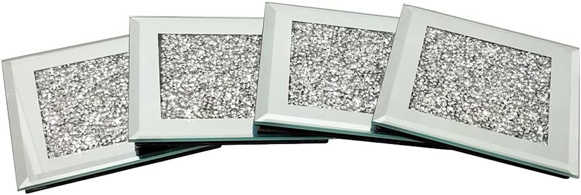 Glass Mirrored Coaster 4 PC, Crushed Diamond Square Cup Mat 4" Decor on Tabletop for Bar Tools Dining Table