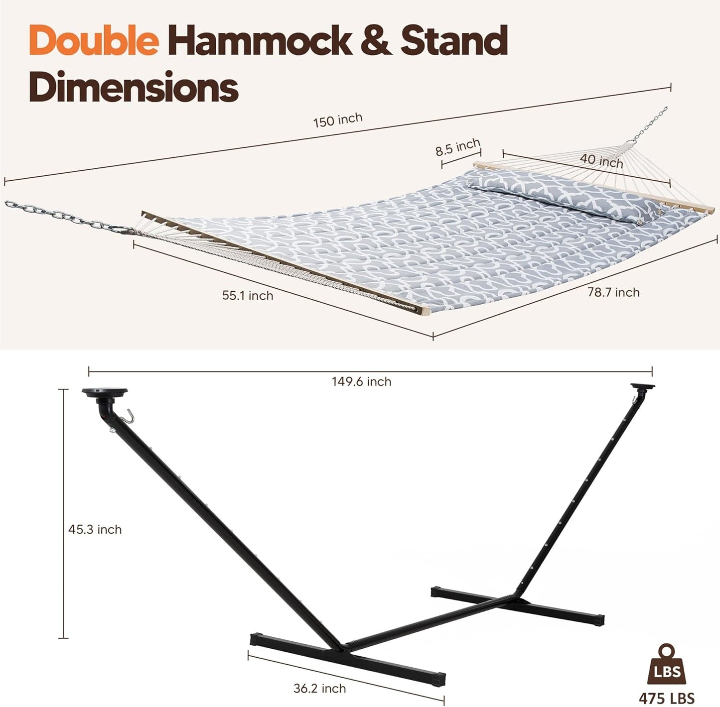 Hammocks Outdoor 2 Person Hammock with Solar Powered Lights, Double Hammock with 12 Ft Stand Included, Light Gray