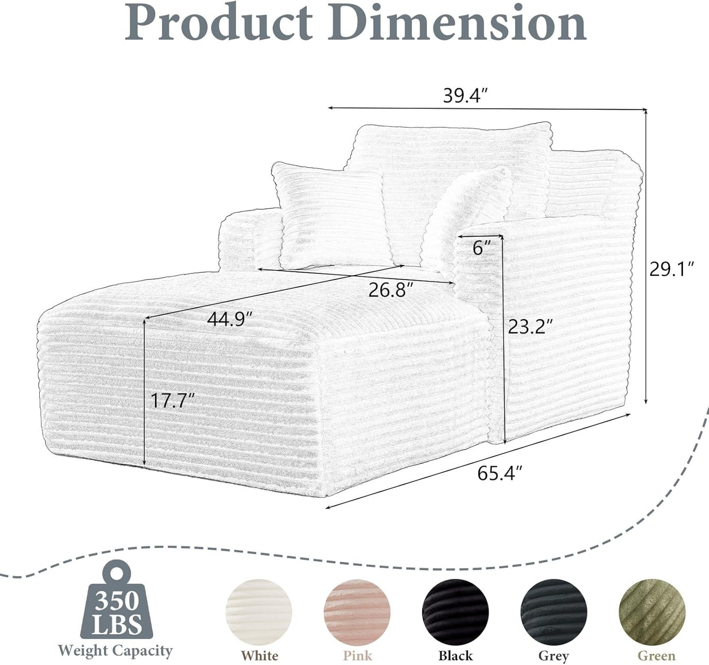 78.7" Chaise Lounge Chair Indoor, Oversized Boneless Couch Comfy Upholstered Sleeper Sofa Bed with 3 Pillows, Corduroy Cloud Reading Chair for Living Room No Assembly Required, White