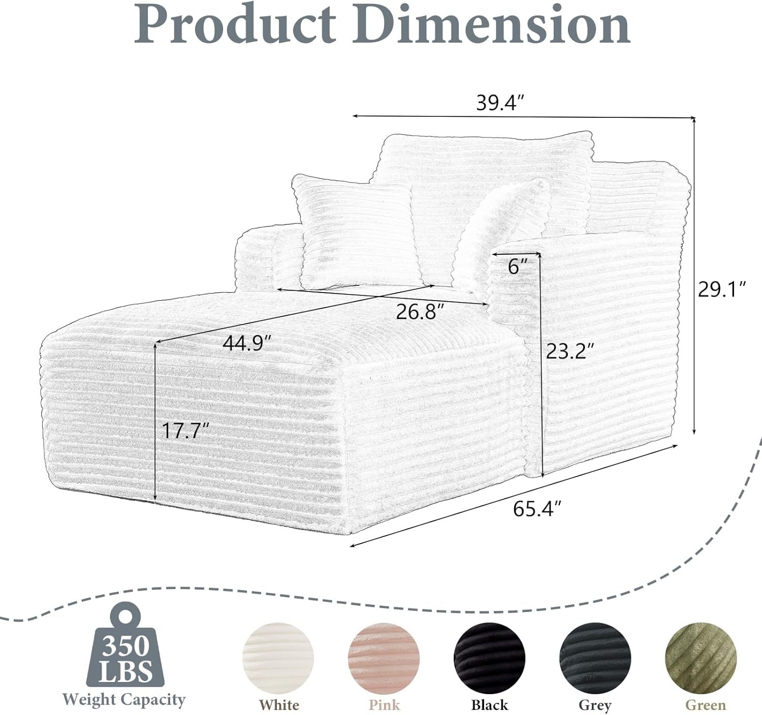 78.7" Chaise Lounge Chair Indoor, Oversized Boneless Couch Comfy Upholstered Sleeper Sofa Bed with 3 Pillows, Corduroy Cloud Reading Chair for Living Room No Assembly Required, White