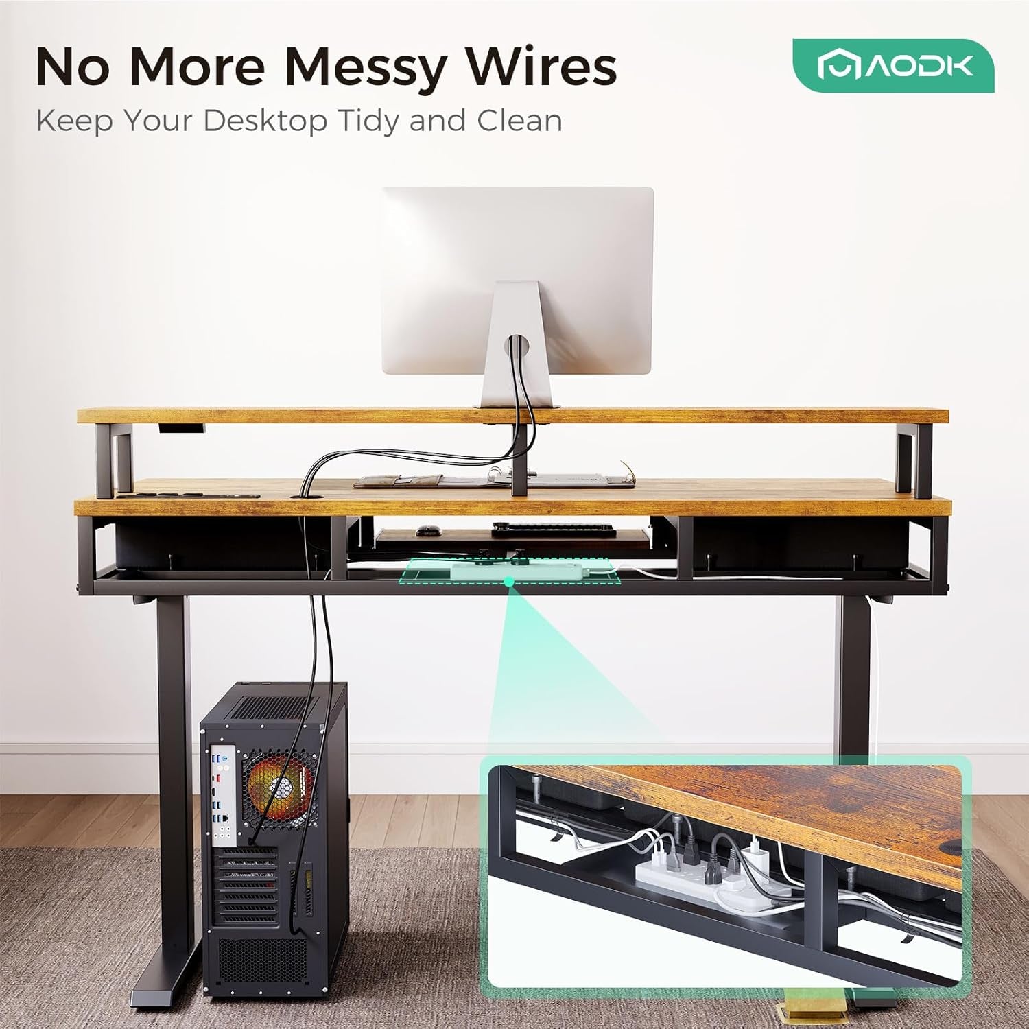 Electric Standing Desk with Drawers & Keyboard Tray, 55 Inch Height Adjustable Gaming Desk with Power Outlets & LED Lights, Sit Stand Table with Monitor Stand for Home, Office, Rustic Brown