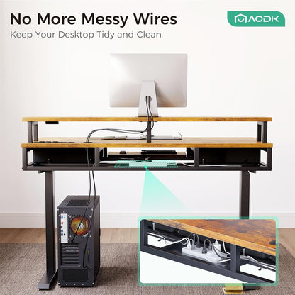Electric Standing Desk with Drawers & Keyboard Tray, 55 Inch Height Adjustable Gaming Desk with Power Outlets & LED Lights, Sit Stand Table with Monitor Stand for Home, Office, Rustic Brown