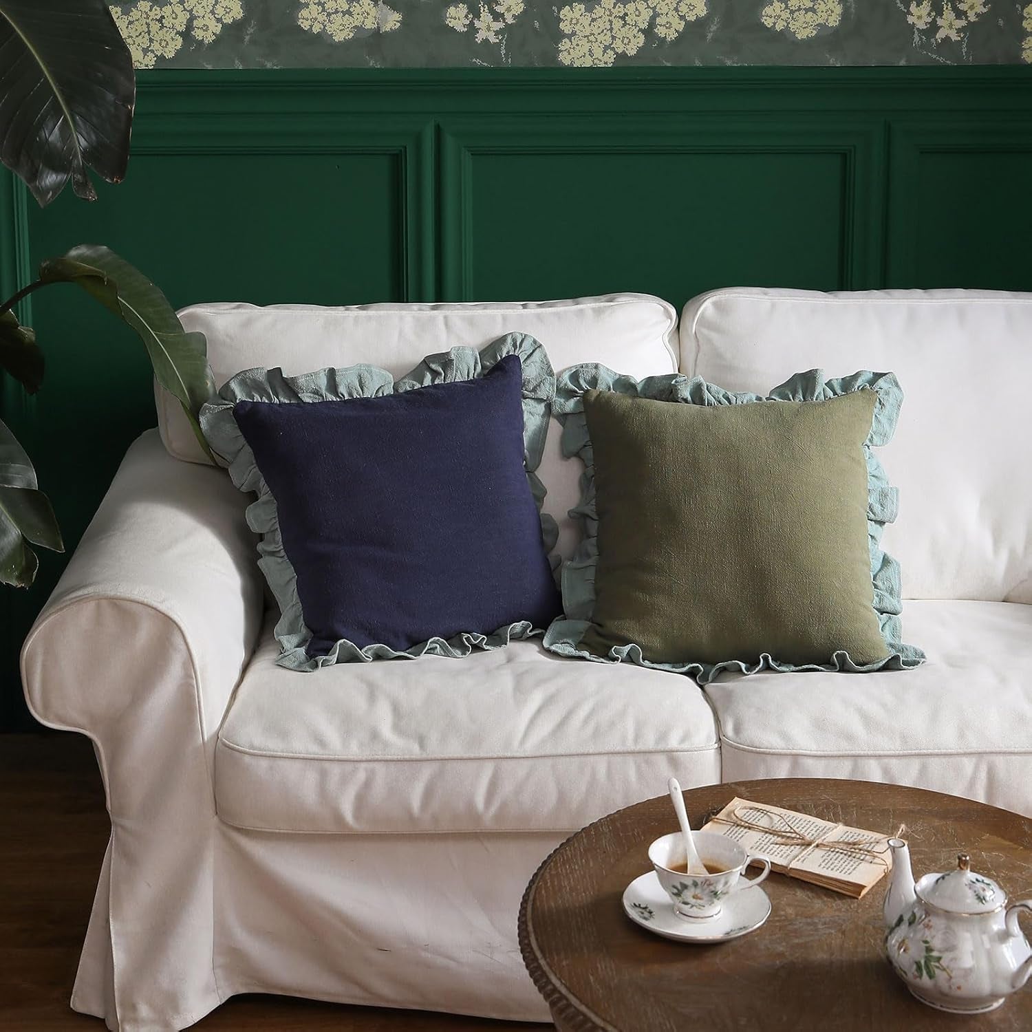 Green Shabby Chic Decorative Throw Pillow Covers 18X18 Set of 2,Farmhouse Linen Pillow Covers with Ruffles,Square Sturdy Throw Pillow Case for Couch Sofa Bed Living Room