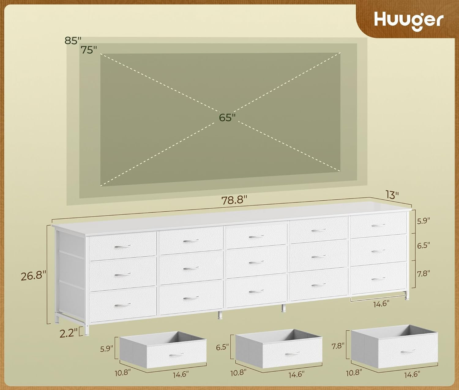 78.7 Inch Long Dresser for Bedroom, 15 Drawer Fabric Dresser for Closet, Large TV Stand for 65, 75, 85 Inch TV, Wide Chest of Drawer with Storage, 78.7" W X 12.9" D X 26.7" H, White