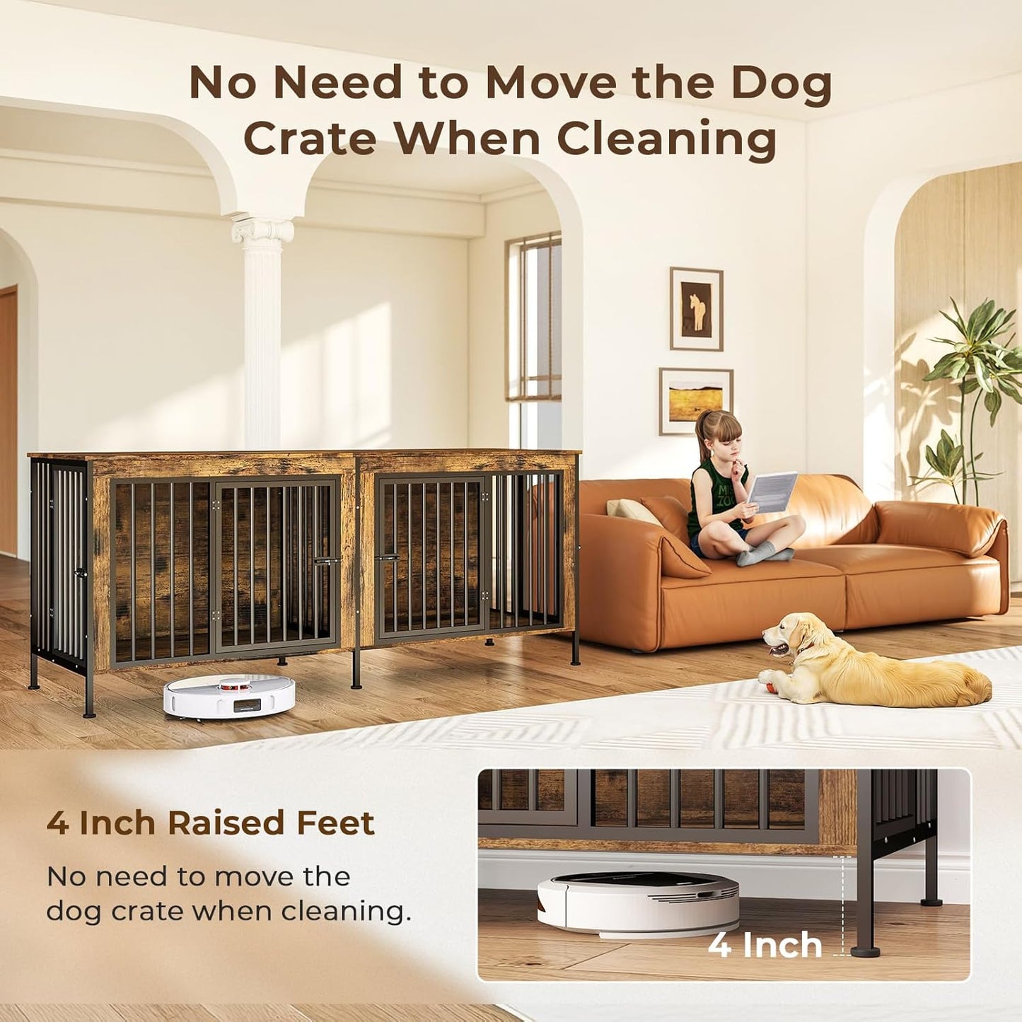 Dog Crate Furniture for 2 Large Dogs – 78" XXL Double Dog Kennel with Divider, Extra Large Wooden Dog Cage TV Stand, Heavy Duty Indoor Dog House, Pre-Assembled, Brown