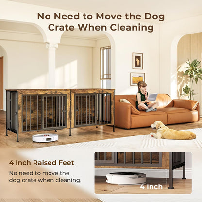Dog Crate Furniture for 2 Large Dogs – 78" XXL Double Dog Kennel with Divider, Extra Large Wooden Dog Cage TV Stand, Heavy Duty Indoor Dog House, Pre-Assembled, Brown