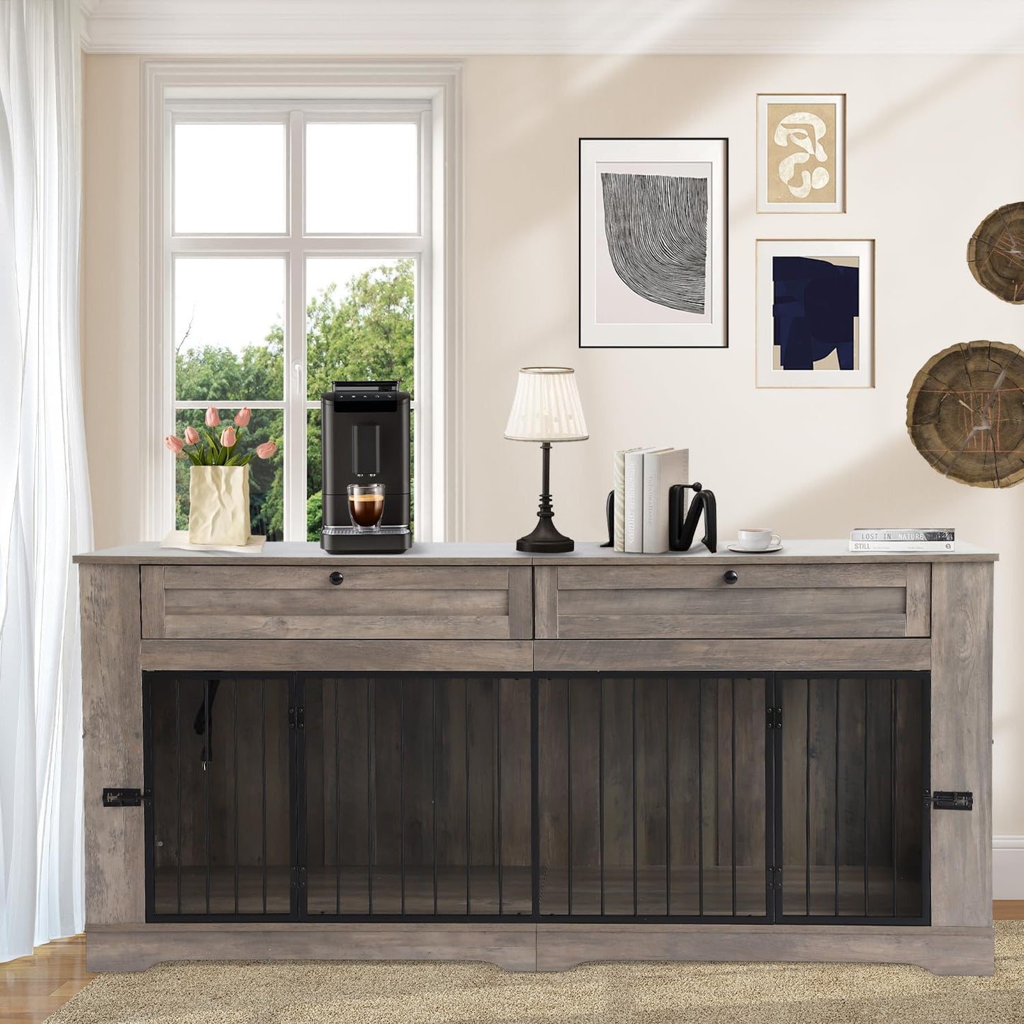 Large Dog Crate Furniture-Decorative Heavy Duty Dog Cage Indoor, Wooden Dog Cage End Table with Charging Station, Dog House with 2 Drawers (White, 70.86''L)