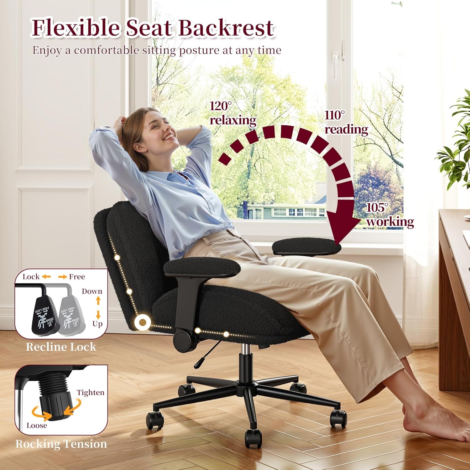 Cross Legged Office Chair with Flip-Up Arms, Wide Criss Cross Chair with Wheels & Extra-Deep Seat Thickened for Home Office, Vanity, Apartment Dorms,Plush Cushion,Cute,Comfy,Grey