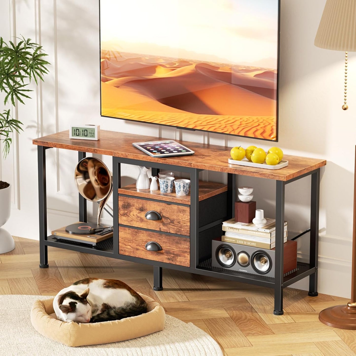 TV Stand with 2 Fabric Drawers, 43 Inch Entertainment Center with Open Storage Shelves, Media Console Table for Bedroom, Living Room, Rustic Brown